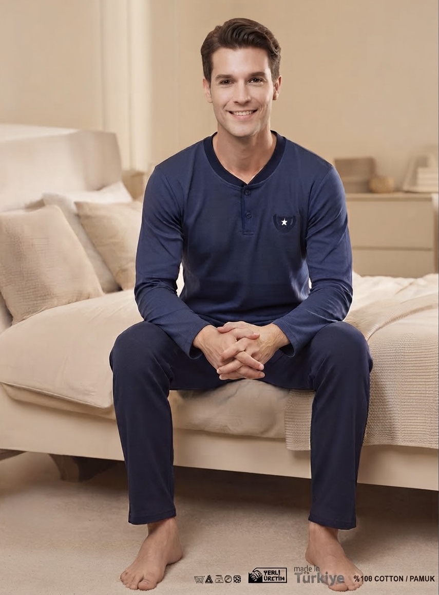 بيجاما  رجالي قطن انترلوك تقيل كم طويل 804